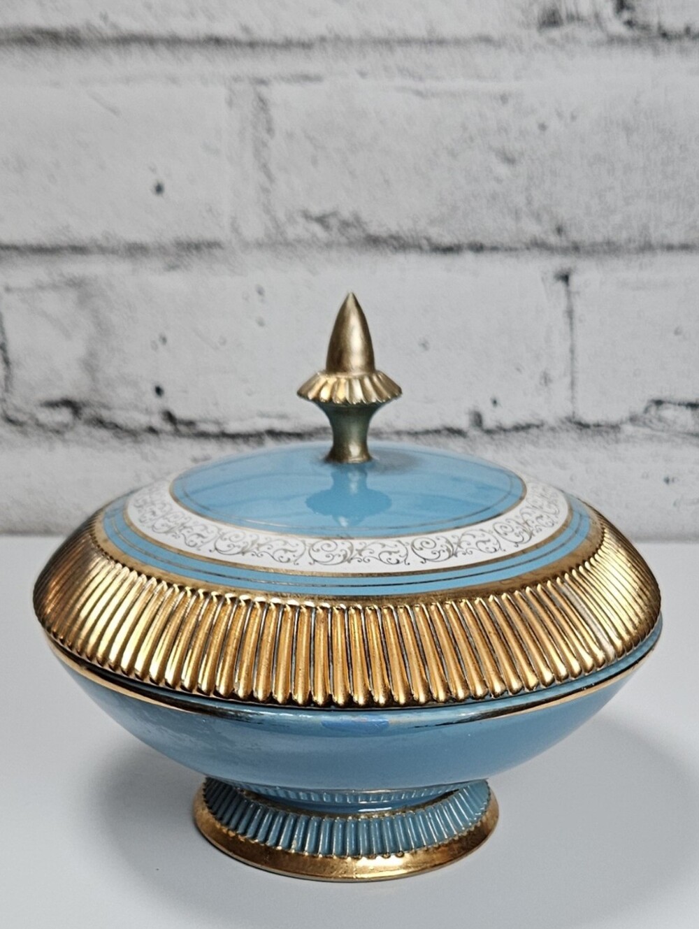 Golden Century N&C Italy Lidded Pedestal Candy Dish Blue Gold Compote